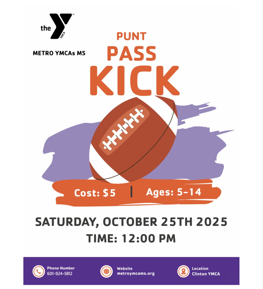 Sharing for our friends at the Clinton Family YMCA! Punt Pass Kick is set for Saturday, October 25th, and is for children ages 5-14! Join The Y for a fun time outdoors!

📍 Location: Clinton Family YMCA - 400 Lindale Street
💵 Cost: $5
