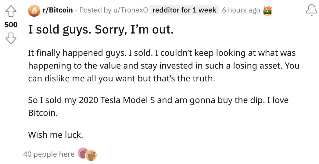 I sold my 2020 Tesla Model S and am gonna buy the dip. I love #Bitcoin 🔥

Legend!!!
