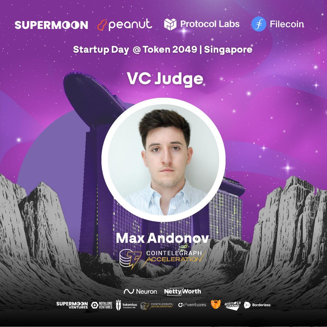 Thrilled to welcome <a href="/maxcryptonsis/">Max A</a>, Business Development Associate at <a href="/Cointelegraph/">Cointelegraph</a> &amp; Investor Relations at <a href="/CointelegraphAc/">Cointelegraph Accelerator</a>, as a VC Judge at our Startup Day during TOKEN2049 Singapore 🚀

Max builds bridges between startups &amp; investors in Web3.