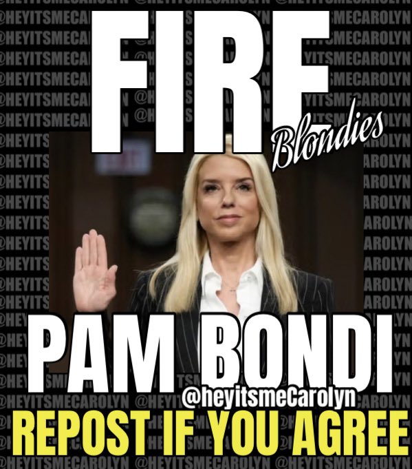 RickSchoen35735's tweet photo. @AGPamBondi AND YOU! STILL HAVEN'T DONE ONE DAMN THING! YOU NEED TO BE FIRED! YOU ARE EITHER CORRUPT,COMPROMISED OR INCOMPETENT.
REPOST THIS EVERYWHERE SHE NEEDS TO BE FIRED!!!! https://t.co/siYV5A7pgY