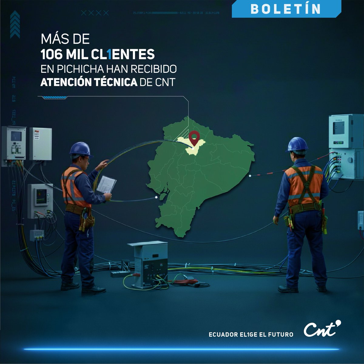 Nuestro compromiso es llevar los mejores servicios de telecomunicaciones y dar atencion oportuna y de calidad en todo el  🇪🇨. En #Pichincha, técnicos de <a href="/CNT_EC/">CNT Ecuador</a> realizaron más de 106 mil visitas entre enero y julio de este año.
Revisa los detalles 👇
bit.ly/3KeWm5b