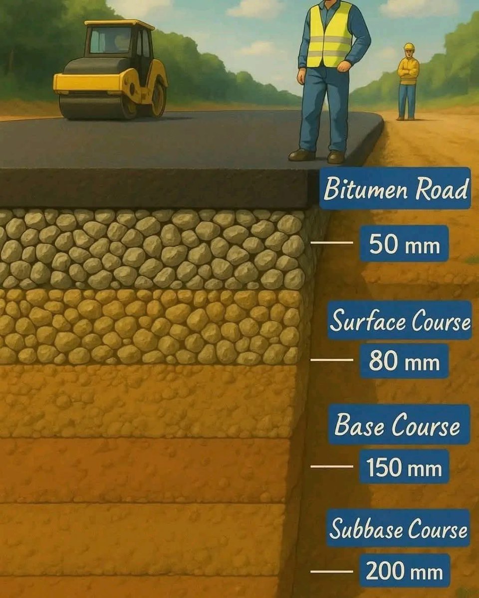 cewcommunity's tweet photo. Building a bitumen road: 50 mm surface, 80 mm base course, 150 mm subbase, 200 mm foundation. Teamwork in progress! 🛤️ #Construction #Road #Bitumen #Engineering https://t.co/IUWhPjJ6zL