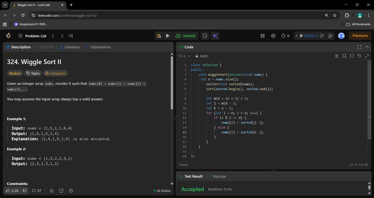 _a_m_i_t_1's tweet image. Day 443 of #500DaysOfCode.

Wiggle Sort II.