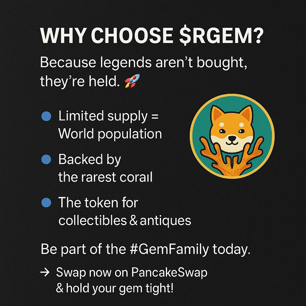 RareInugem's tweet photo. 🔹 Limited supply = World population 🌍
🔹 Backed by the rarest coral 🌊
🔹 The token for collectibles &amp; antiques 🏺

Be part of the #GemFamily today.
👉 Swap now on PancakeSwap &amp; hold your gem tight! https://t.co/jZ80HbENAA