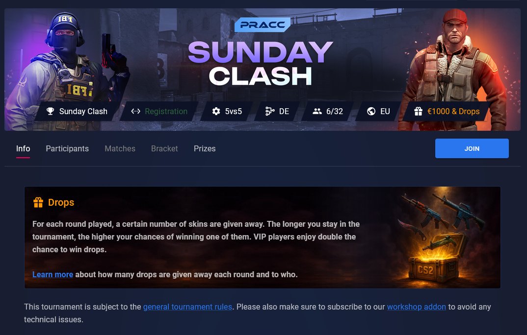 Get ready for our Sunday Clash! 🔥🔥

A 1,000€ prize pool is up for grabs + extra skin drops throughout the tournament.

Don’t miss out &amp; sign up here:
🔗pracc.com/play/tournamen…