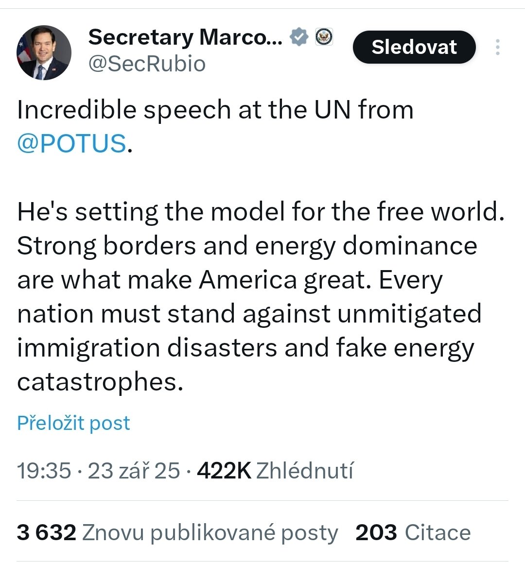 Ivan Pilip (@ivan_pilip) on Twitter photo Povinná aktivita pro zastavání funkce v současné administrativě USA: podlézat Trumpovi a tvrdit při libovolné příležitosti, jak je geniální a nejlepší. 
Je trapné se na to dívat - navíc Rubio má na rozdíl od dalších kolegů v hlavě mozek a kdysi míval i vlastní názory... Povinná aktivita pro zastavání funkce v současné administrativě USA: podlézat Trumpovi a tvrdit při libovolné příležitosti, jak je geniální a nejlepší. 
Je trapné se na to dívat - navíc Rubio má na rozdíl od dalších kolegů v hlavě mozek a kdysi míval i vlastní názory...