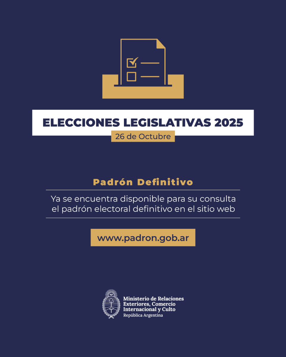 EmbaArgBolivia's tweet image. El 26 de octubre se celebrarán las Elecciones Legislativas 2025 y ya se puede consultar el Padrón Electoral Definitivo en padron.gob.ar. Ingrese su DNI y seleccione "Argentinos en el exterior" en el apartado "Distrito" para verificar sus datos y lugar de votación