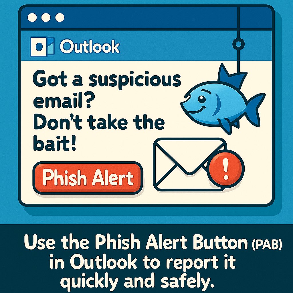 GoJacksTechHelp's tweet image. 📢 #TechTipTuesday
 
🚨 Got a suspicious email? Don’t take the bait! 🐟
Use the Phish Alert Button (PAB) in Outlook to report it quickly and safely.
 
👉 Learn how here: support.knowbe4.com/hc/en-us/artic……-
 
💙 #SDState #JackrabbitTech