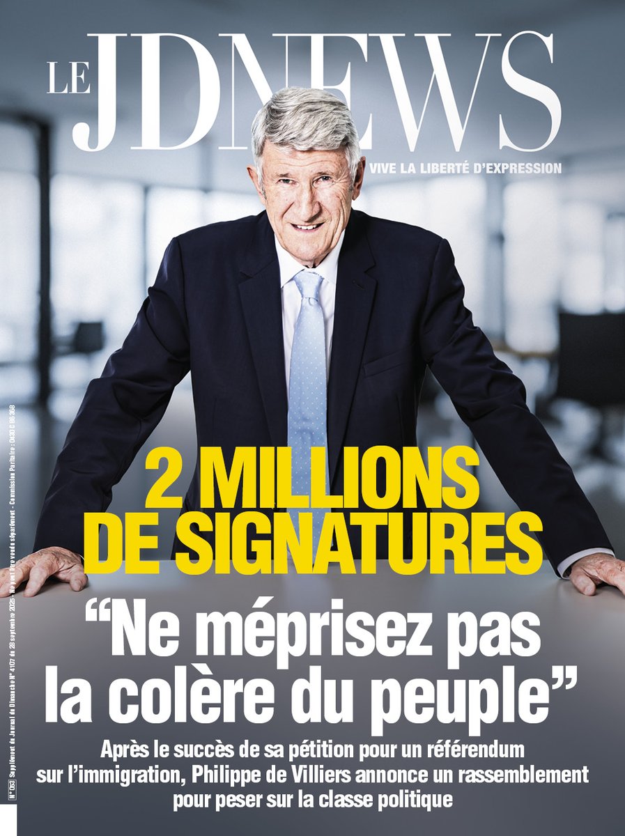 leJDD's tweet image. 🗞️ À la Une du JDNews cette semaine

2 millions de signatures - «Ne méprisez pas la colère du peuple»
Après le succès de sa pétition pour un référendum sur l'immigration, Philippe de Villiers annonce un rassemblement pour peser sur la classe politique
