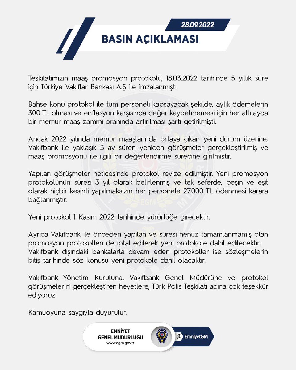 🇹🇷 𐱅𐰇𐰼𐰚 Türk (@_vatandelisi_) on Twitter photo 📎 Emniyet Teşkilatı 2022 Yılı Promosyon Anlaşması Duyurusunu 28 Eylül 2022'de Yapmıştı. . Yeni Anlaşma Şartnamesi Minimum Tutar 150 Bin TL Olacak Şekilde Hazırlanarak 1 Kasımda Hesaplara Yatacak Şekilde Planlanmalıdır. . <a href="/AliYerlikaya/">Ali Yerlikaya</a>
<a href="/mahmutdemirttas/">Mahmut Demirtaş</a>
#PolisinUmuduTükendi 📎 Emniyet Teşkilatı 2022 Yılı Promosyon Anlaşması Duyurusunu 28 Eylül 2022'de Yapmıştı. . Yeni Anlaşma Şartnamesi Minimum Tutar 150 Bin TL Olacak Şekilde Hazırlanarak 1 Kasımda Hesaplara Yatacak Şekilde Planlanmalıdır. . <a href="/AliYerlikaya/">Ali Yerlikaya</a>
<a href="/mahmutdemirttas/">Mahmut Demirtaş</a>
#PolisinUmuduTükendi