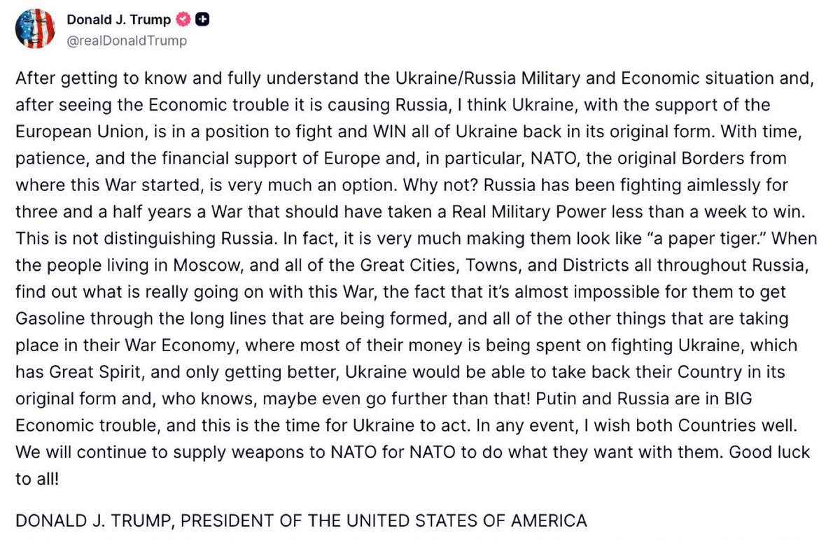 lrozen's tweet image. Trump trash talks Russian war performance: “Russia has been fighting aimlessly for 3 1/2 years …making them look like a ‘paper tiger.’” Says Ukraine will win back its own territory, “and who knows, maybe even go further than that.”