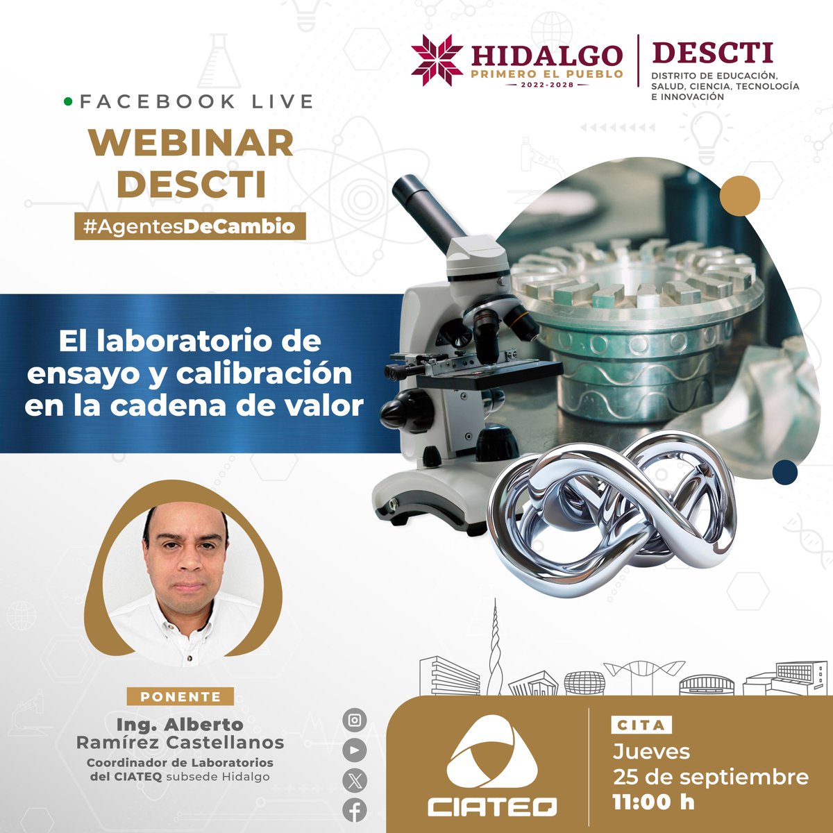 gobiernohidalgo's tweet image. El @_DESCTI te invita al webinar: “El laboratorio de ensayo y calibración en la cadena de valor”, impartido por el Ing. Alberto Ramírez Castellanos, coordinador de Laboratorios del @CiateqMX subsede Hidalgo. 

📅 25 de septiembre
🕚 11:00 a.m.
🔗 forms.gle/AgxZkcyQFu33JR…
