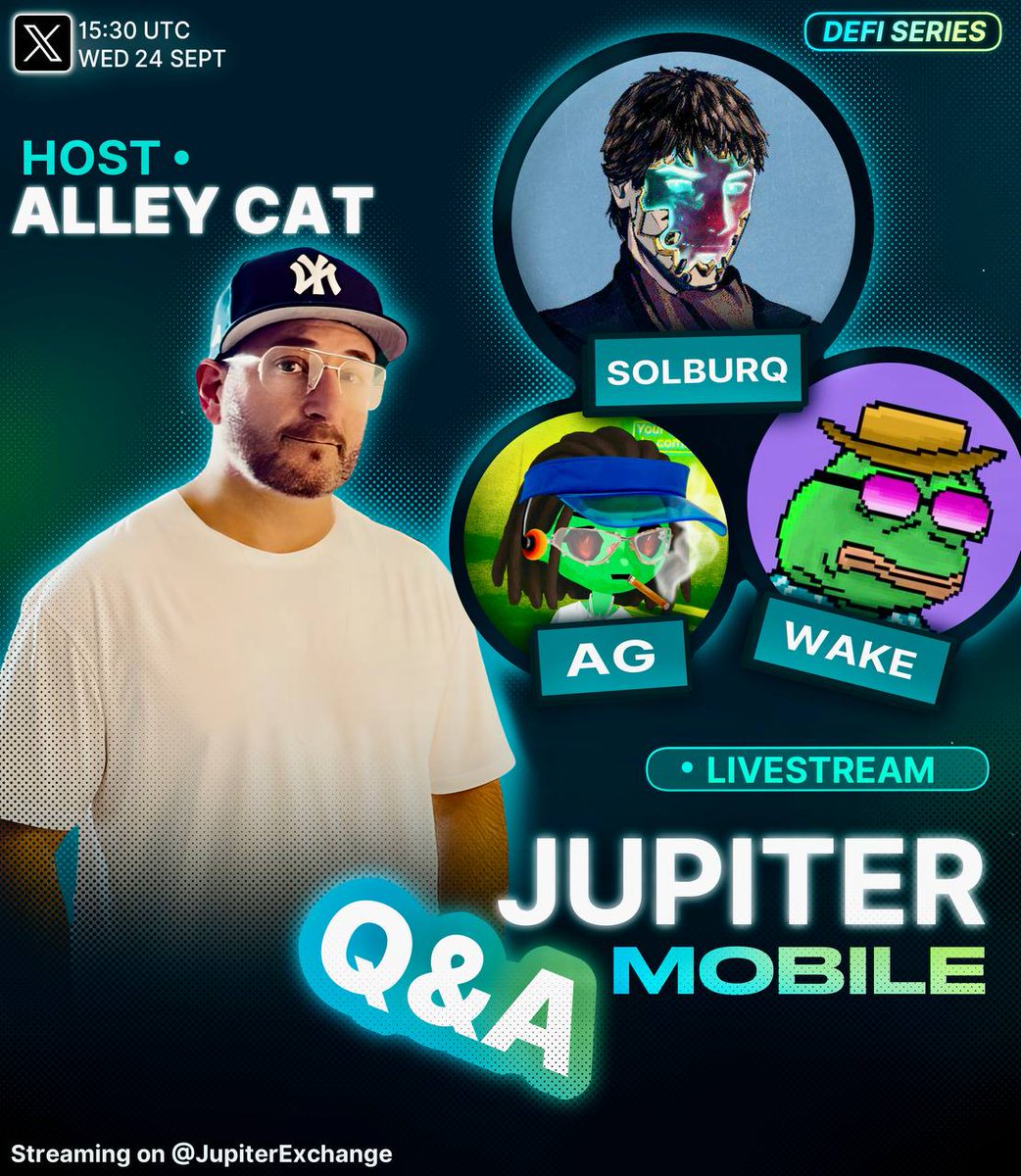 JupiterExchange's tweet image. 🎙️ DeFi Q&amp;amp;A Series: Jupiter Mobile
 
Join us Sept 24th @ 3:30 pm UTC

→ $1 million giveaway details
→ AMA with @SolBurq 
→ Alpha on upcoming @jup_mobile features
(spoiler: BIG things are coming)

Set your reminder below 👇