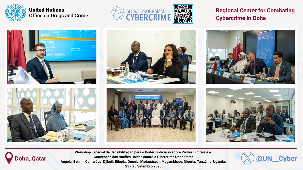 Doha, 🇶🇦, 23-25 Sep | <a href="/UN__Cyber/">Global Programme on Cybercrime</a> #CyberDohaCenter organiza um atelier de alto nível sobre a nova Convenção contra a Cibercriminalidade, com 11 Estados africanos 🇦🇴🇧🇯🇨🇲🇩🇯🇬🇭🇰🇪🇲🇬🇲🇿🇳🇬🇹🇿🇺🇬. Etapa essencial rumo à assinatura da Convenção, a 25-26 outubro em Hanói, 🇻🇳.
