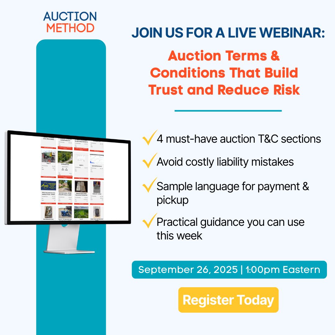 AuctionMethod's tweet image. Join our live webinar on September 26 to learn how the right auction T&amp;amp;Cs protect your business, reduce disputes &amp;amp; build bidder trust.
Register today: us06web.zoom.us/webinar/regist…
#auction #auctioneers