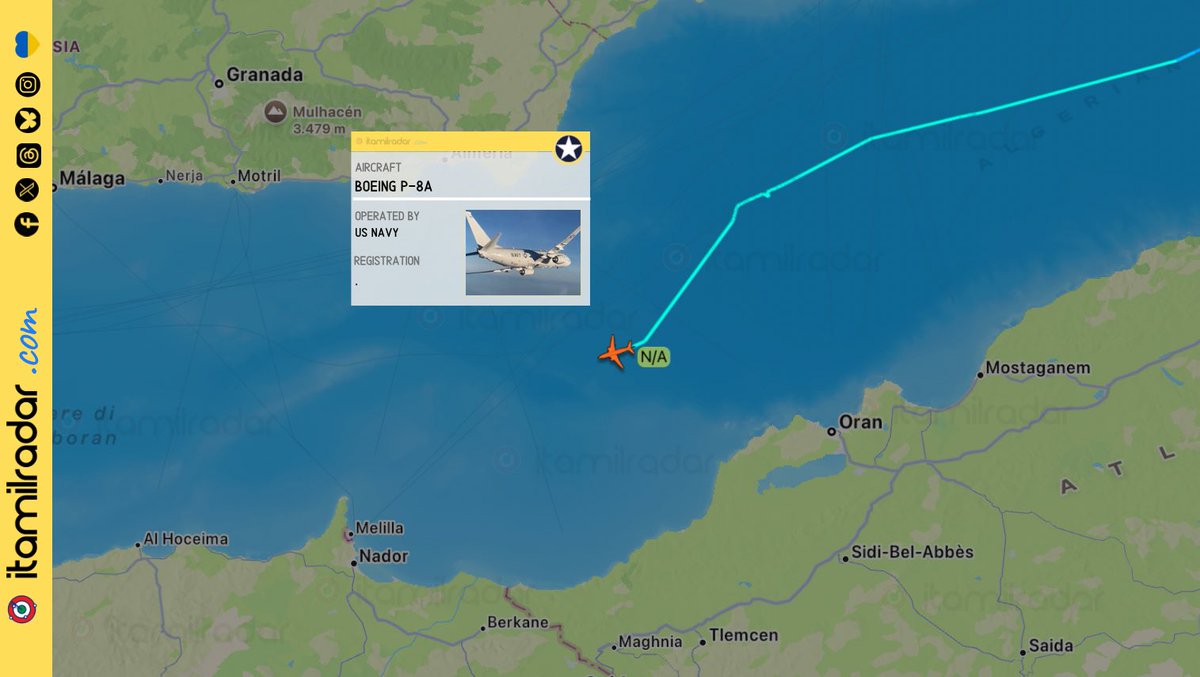 As also yesterday evening, a USN Boeing P-8A took off from NAS Sigonella and is conducting a mission over the Alboran Sea, where three Russian Navy units are located, including a submarine