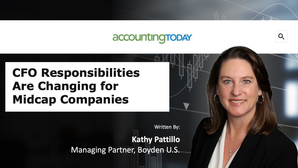 Midcap CFOs are taking on more than finance—covering AI, ESG &amp; cybersecurity as business demands shift.

In Accounting Today, Boyden’s Kathy Pattillo explains why today’s CFOs need strategic vision, tech acumen &amp; EQ to succeed.

Read more: accountingtoday.com/opinion/cfo-re…