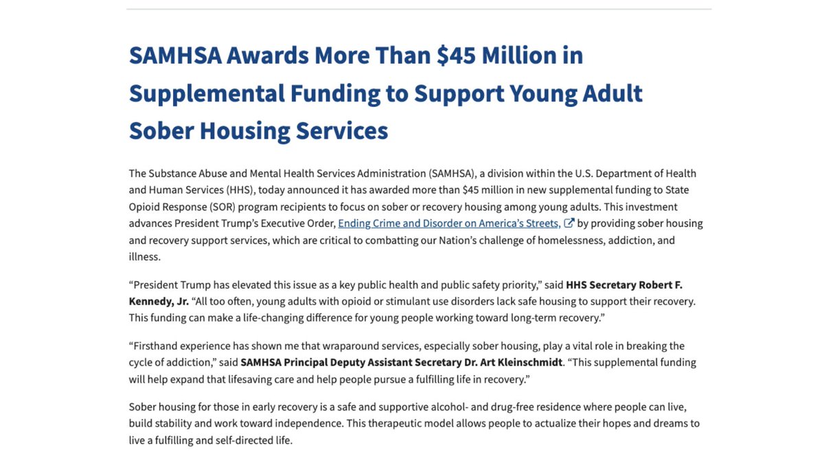 Today, @HHSgov announced it has awarded more than $45 million in new supplemental funding to State Opioid Response (SOR) program recipients to focus on sober or recovery housing among young adults.

This one-year supplemental funding requires grant recipients to develop and/or