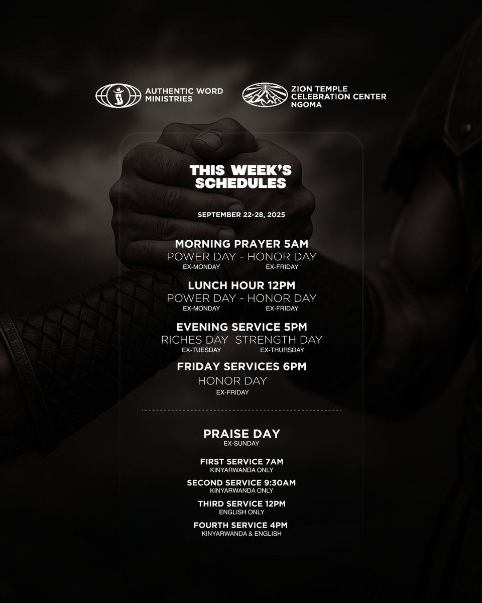 Hello family, This week is already moving and so is God!
Our theme for the new week is: "Find the right partner, then dare to act" and this is our prayer; may God lead you to the right connections. 

Check the schedule and join the services to be part of what God is doing!