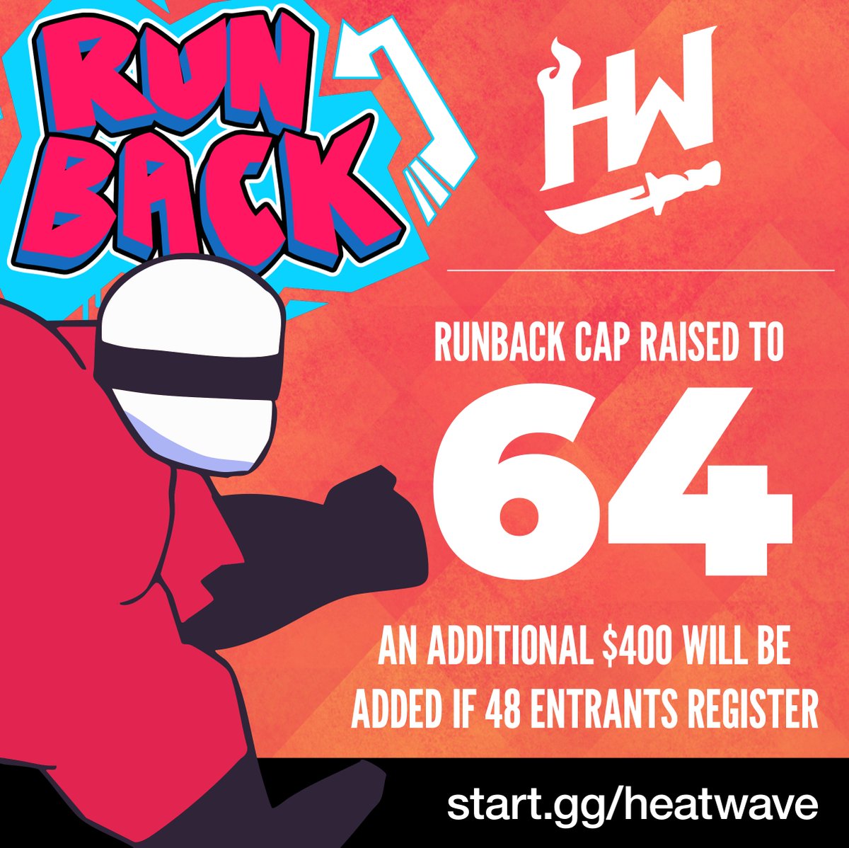 AZRivals's tweet image. Runback at Heat Wave hit its entry cap so quickly that we've worked with the creators to raise it!

In addition to the $1k prize pool, the @RunbackGame devs will add an additional $400 to the prize pool if we hit 48 entrants!

Reg in replies 👇