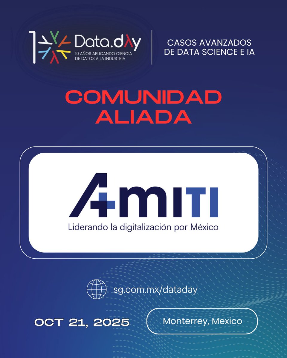 AMITI_Mex's tweet image. #AMITI estará presente en #DataDay, donde se presentarán ejemplos reales y concretos de ciencia de datos para obtener valiosos planes de acción que podemos aplicar en nuestros propios proyectos y organización.
¡Únete! sg.com.mx/dataday
