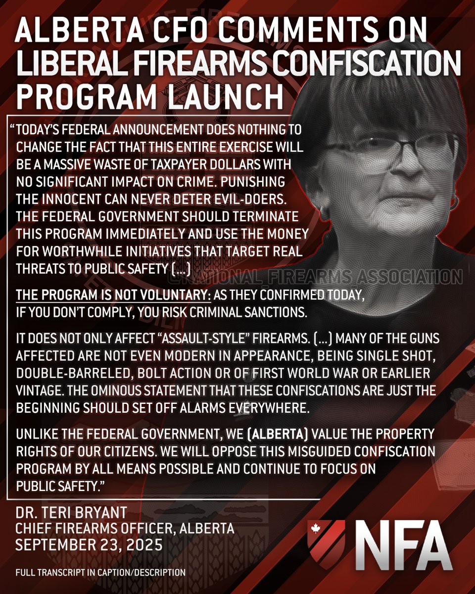 When asked for comment by Dwayne Gorniak, Alberta Director of Canada’s National Firearms Association, regarding the federal government’s announcement today, Dr. Teri Bryant, Chief Firearms Officer of Alberta, responded by telephone:

Today’s federal announcement does nothing to