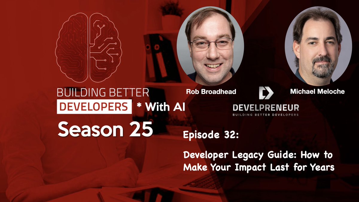 develpreneur's tweet image. What’s your developer legacy?

In our latest Building Better Developers episode, Rob &amp;amp; I discuss how to leave work that lasts:
🔹 Clean, maintainable code
🔹 Open source adoption
🔹 Mentorship &amp;amp; culture

Watch here 👉 dplnk.us/?81642
#DeveloperLegacy #CleanCode