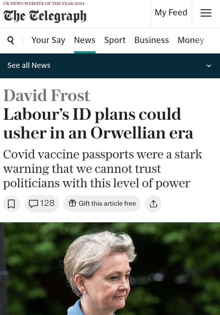 Mike Fairclough (@1mikefairclough) on Twitter photo <a href="/WilliamJHague/">William Hague</a> "Labour’s ID plans could usher in an Orwellian era...
Think back. Have we forgotten the lessons of the pandemic, when we all had to have proof of our Covid test status on our phone before we could go certain places or access certain buildings? Covid vaccines passports were a <a href="/WilliamJHague/">William Hague</a> "Labour’s ID plans could usher in an Orwellian era...
Think back. Have we forgotten the lessons of the pandemic, when we all had to have proof of our Covid test status on our phone before we could go certain places or access certain buildings? Covid vaccines passports were a