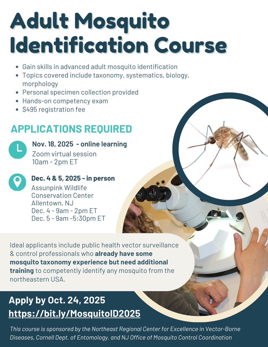 Are you interested in growing your skills in mosquito ID and work for a public agency in the northeast USA? Join us for an NEVBD-sponsored Advanced Mosquito ID Course in Dec. 2025! Applications required - apply by Oct. 24 for consideration bit.ly/MosquitoID2025