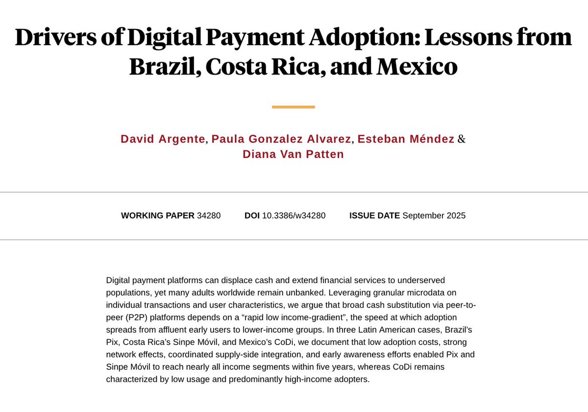 NEW in <a href="/nberpubs/">NBER</a>: "Drivers of Digital Payment Adoption: Lessons from Brazil, Costa Rica, and Mexico"

By David Argente, Paula Gonzalez Alvarez, Esteban Méndez, and Diana Van Patten: nber.org/papers/w34280