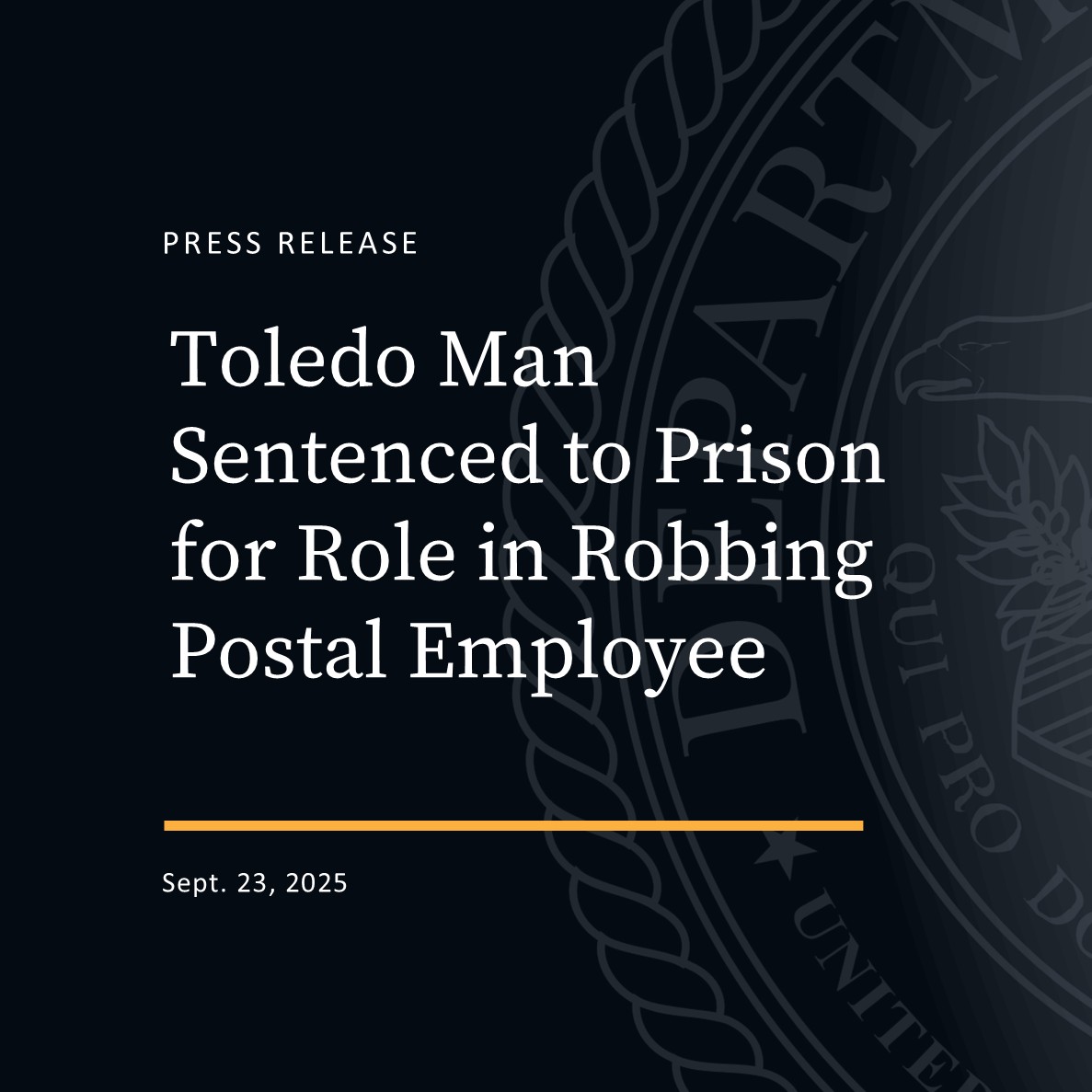U.S. Attorney's Office, Northern District of Ohio (@ndohnews) on Twitter photo A Lucas County man has been sentenced to prison for robbing and threatening a U.S. postal carrier with violence while the carrier was on an official delivery route.
Read more:
justice.gov/usao-ndoh/pr/o…
<a href="/USPIS_Cleveland/">USPIS - Cleveland</a> A Lucas County man has been sentenced to prison for robbing and threatening a U.S. postal carrier with violence while the carrier was on an official delivery route.
Read more:
justice.gov/usao-ndoh/pr/o…
<a href="/USPIS_Cleveland/">USPIS - Cleveland</a>
