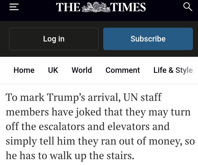 A screenshot of The Times website. The header shows the newspaper\'s logo and navigation options including Home, UK, World, Comment, and Life & Style. Buttons for Log in and Subscribe are visible. The article text begins with 