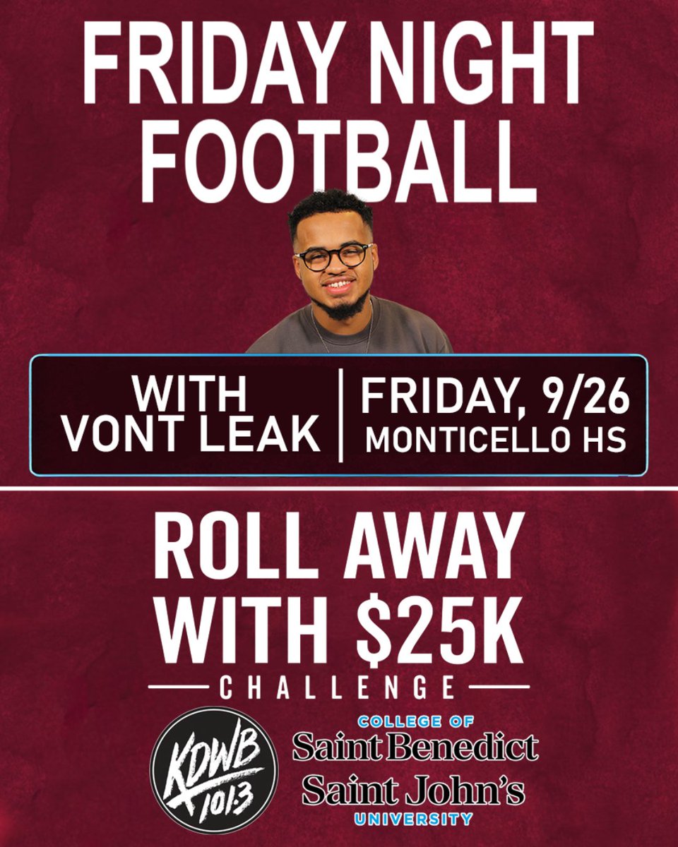 On Friday, <a href="/1013KDWB/">101.3 KDWB</a> will be at Monticello High School and our own MHS students will have a chance for a $25,000 scholarship! 

Sign up at the football game on Friday to have a chance to be selected. 

Thanks to <a href="/CSBSJU/">CSB+SJU</a> for sponsoring this cool opportunity for our students!