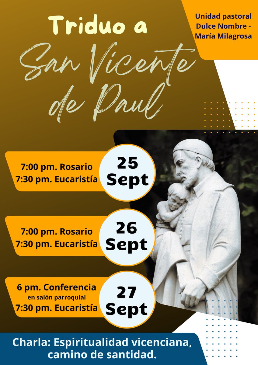 ParroDulceMilag's tweet photo. Como todos los años, la unidad pastoral, encomendada al cuidado de la Congregación de la Misión celebra la solemnidad de su fundador, san Vicente de Paúl; y lo hace, además, con la alegría de celebrar el 4 centenario de la aparición de la Congregación en la vida de la Iglesia. https://t.co/ezLgIU1iYp
