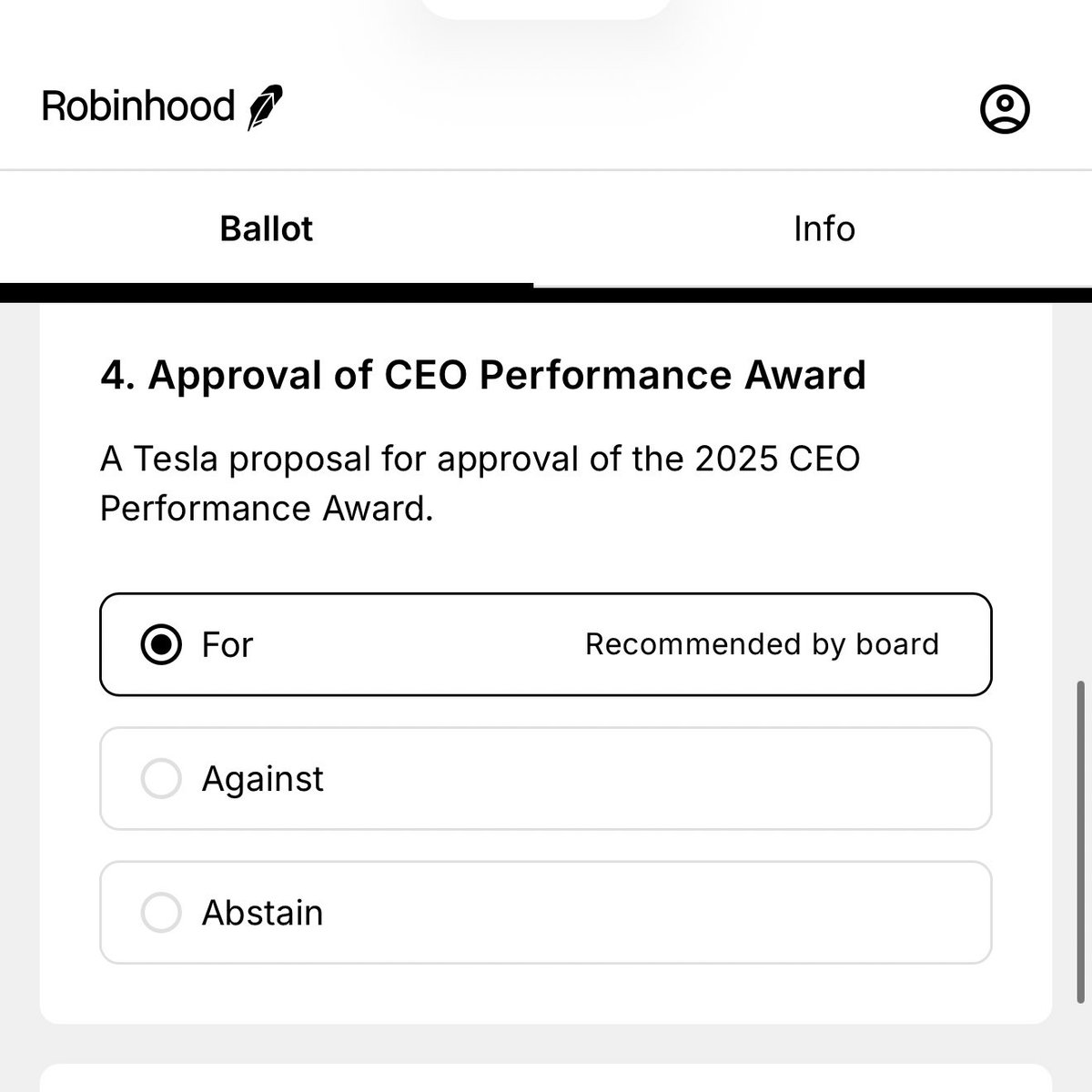 BLKMDL3's tweet image. Just got my shareholder voting submitted through Robinhood for all board recommendations! 

Elon deserves to be paid!