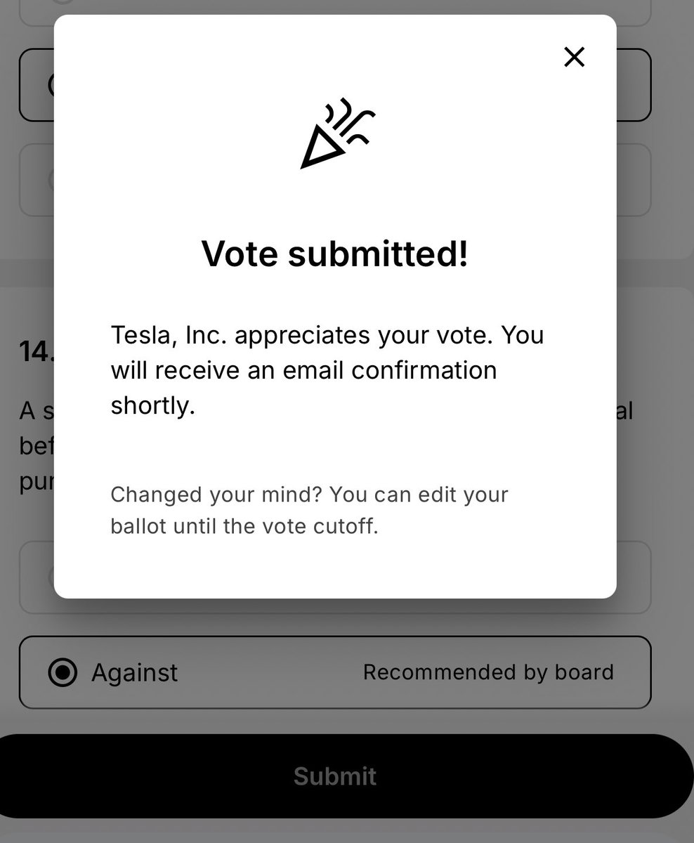 BLKMDL3's tweet image. Just got my shareholder voting submitted through Robinhood for all board recommendations! 

Elon deserves to be paid!