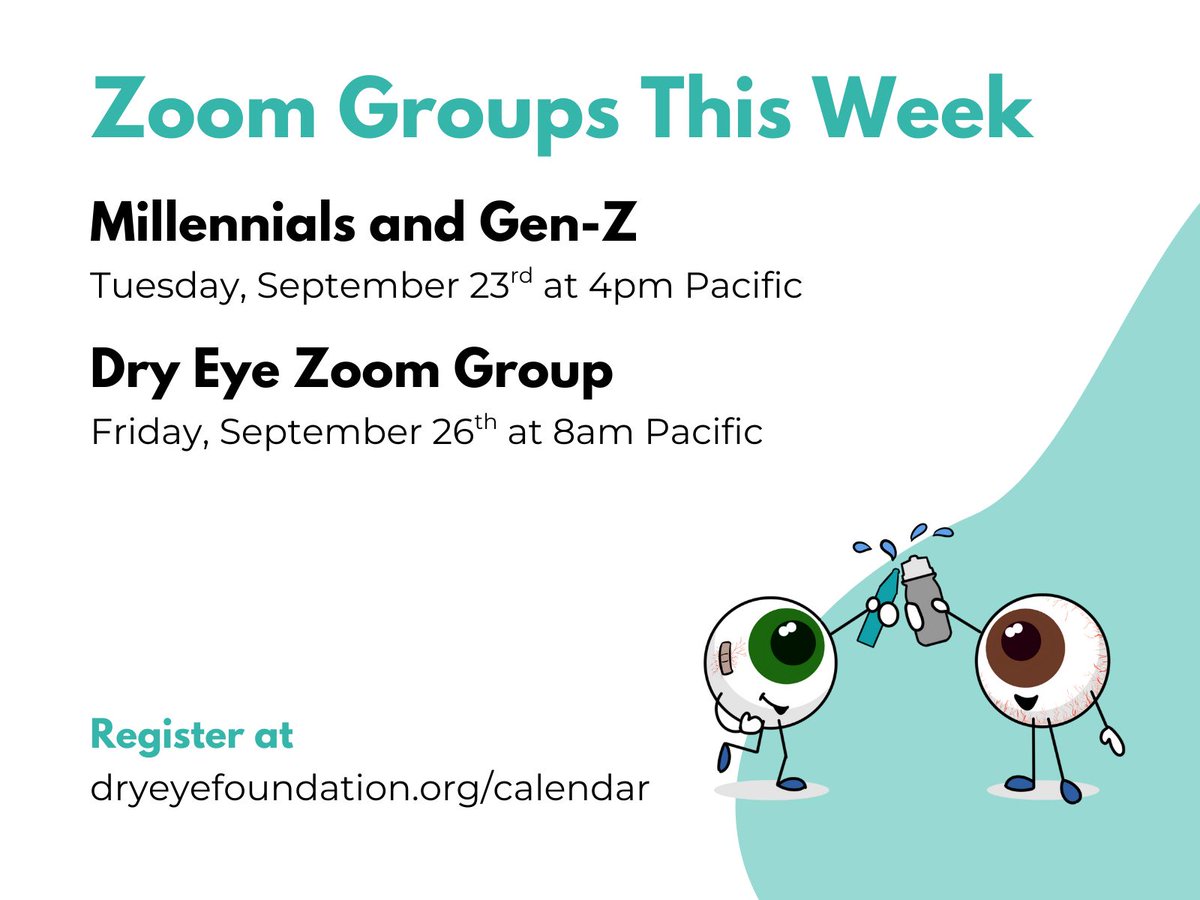 Looking for connection? Join a DEF Zoom Group this week to meet dry eye patients like you. Register at buff.ly/UrzZNvi
Today (Tuesday) at 4pm Pacific Millennials and Gen-Z Support Group
Friday at 8am Pacific Dry Eye Zoom Group