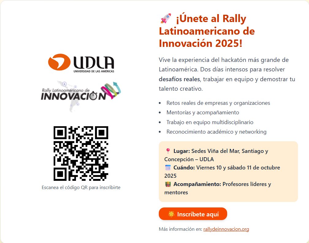 📢¡Atención estudiante <a href="/UDLA_CL/">UDLAChile</a>!
🎯¿Preparada y preparado para poner a prueba tu creatividad y capacidad de innovar?

🌎<a href="/RallyInnovacion/">Rally Latinoamericano de Innovación</a> llega con 28 horas de ideas, colaboración y soluciones de impacto global

🚀Inscripciones hasta el viernes 4 de octubre
n9.cl/rg8d4