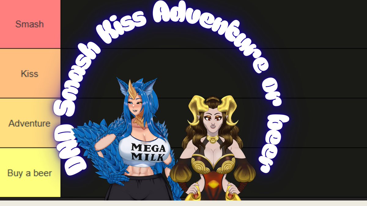 So this coming Tuesday at 2pm EST, I will be doing a DnD Smash, Kiss, Adventure, or Beer with the lovely <a href="/AzuraTheDragon2/">⚡Azura The Azure Dragon⚡ | 🐉Vtuber</a> ! Please drop your DnD/Pathfinder/Table Top OC below and tell us about them!