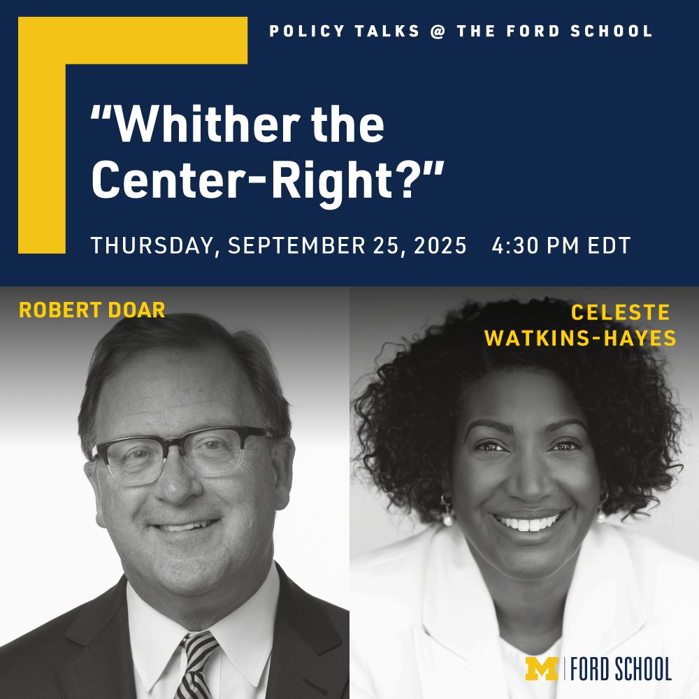fordschool's tweet image. Join @RobertDoar, the president of @AEI, and Dean @watkinshayes on 9/25 for a wide-ranging conversation about the place of the center-right, the importance of conversations across ideological differences, and more. #PolicyTalks

Details: myumi.ch/P3pVQ