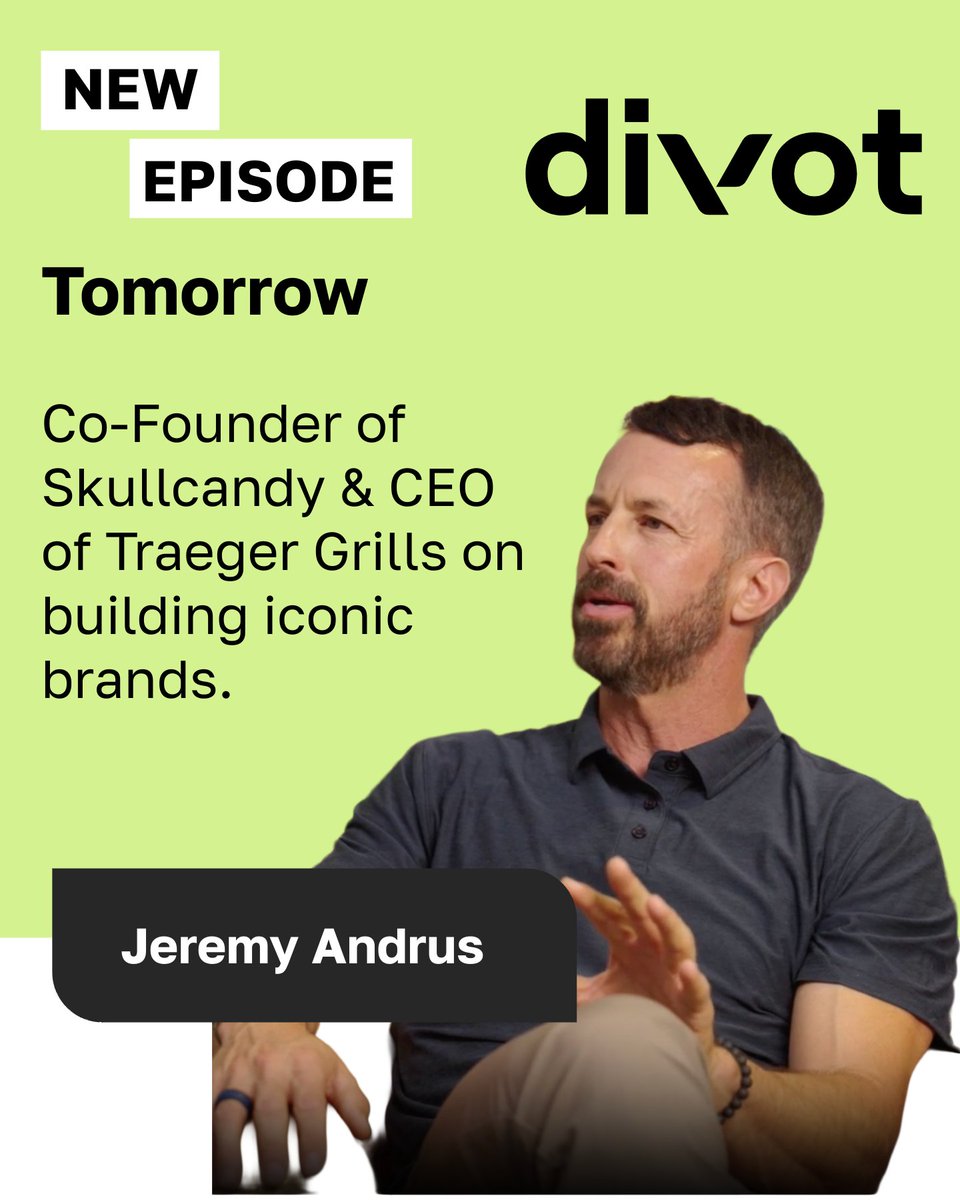 Divotdotorg's tweet photo. 🚨 Divot Season 2 drops tomorrow 🚨

We kick off with Jeremy Andrus, Co-Founder of @skullcandy  & CEO of @TraegerGrills.

From building iconic brands to leading with resilience, his story is one you don’t want to miss.

👉 Subscribe now, links in the comments.

#Divot #Podcast #Season2