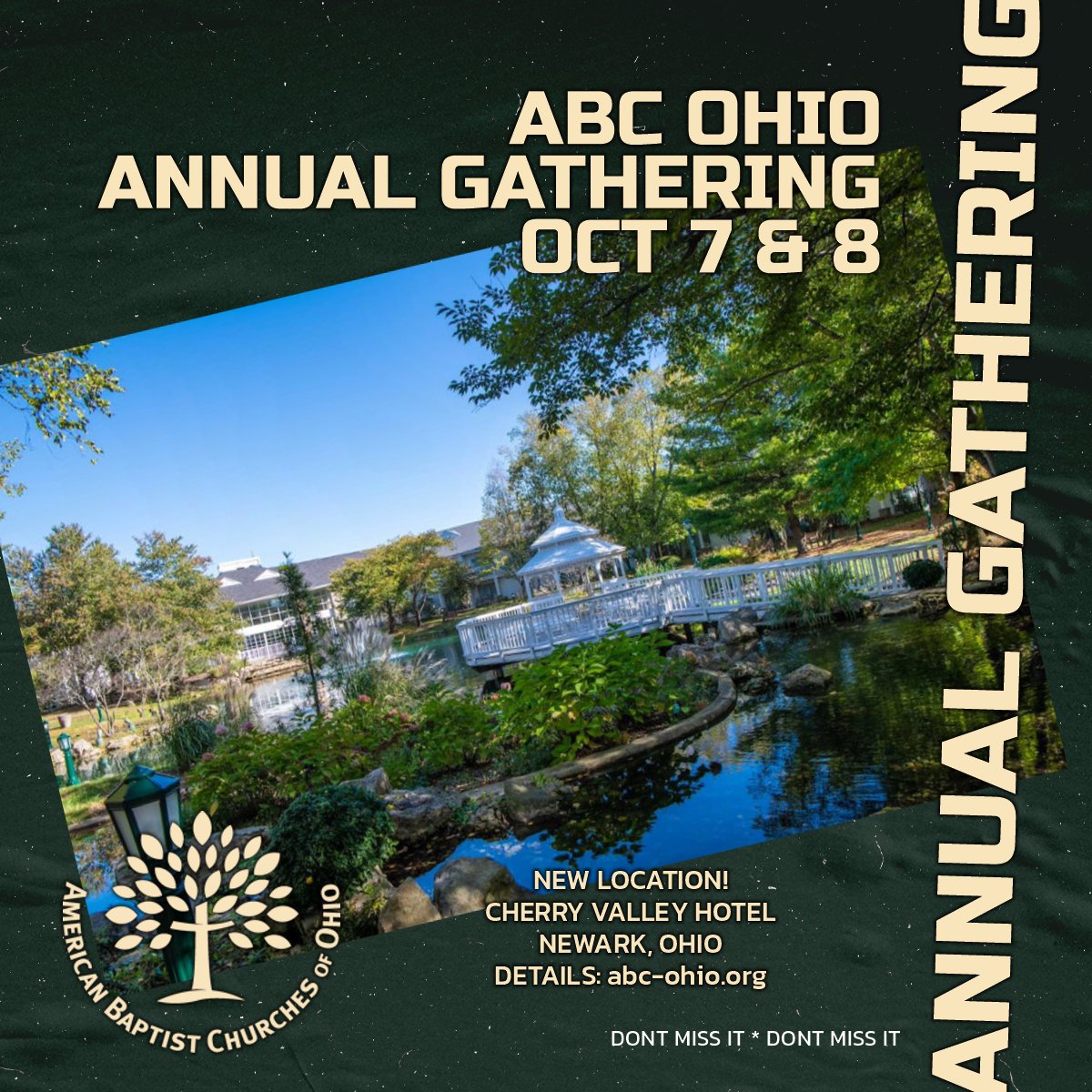 ABCofOhio's tweet image. We are excited to be in a NEW LOCATION for the 199th Annual Gathering of the American Baptist Churches of Ohio October 7-8. Join us at The Cherry Valley Hotel in Newark, Ohio. REGISTER NOW at abc-ohio.org