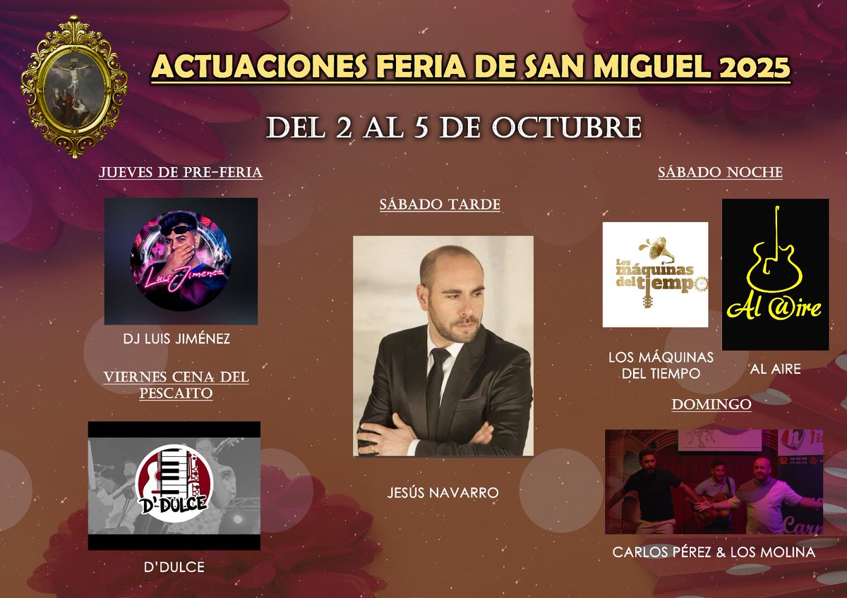 🎉✨ ¡Ya está aquí!
Presentamos el cartel de actuaciones de nuestra Feria de San Miguel 2025 💃🎶

Del 2 al 5 de octubre viviremos juntos la alegría de nuestra Feria con música en directo, buen ambiente y la mejor compañía.

📅 ¡Consulta el cartel y apunta cada cita!