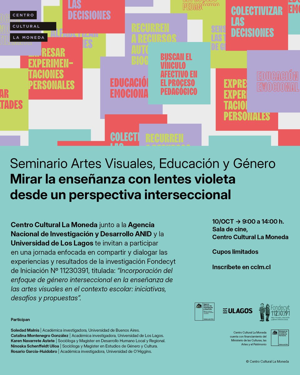 CCPLM's tweet image. 📢 Súmate al seminario &quot;Artes visuales, educación y género&quot; Conoce experiencias, desafíos y propuestas sobre cómo aplicar el enfoque de género interseccional en la enseñanza artística escolar.

👉 Inscripciones aquí: cclm.cl/actividades/se…