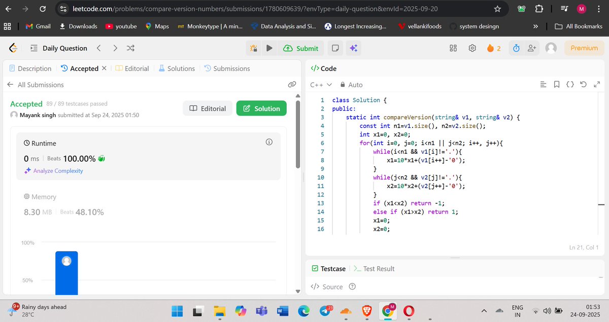 Mayank9453rajan's tweet image. day 25 :- potd done 2 pointer type problem revised some java script and done for day #100DaysOfCode #javascriptdeveloper #DSA #frontend