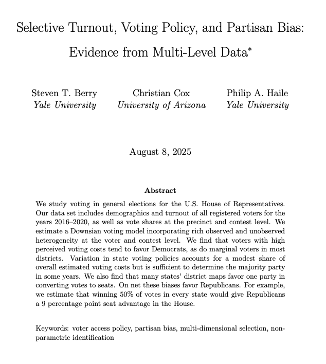 This paper combines a model of individual voting decisions with data on general elections for the U.S. House of Representatives to study election outcomes.

NEW Discussion Paper by Steven Berry, Christian Cox, &amp; Philip Haile: cowles.yale.edu/research/cfdp-…