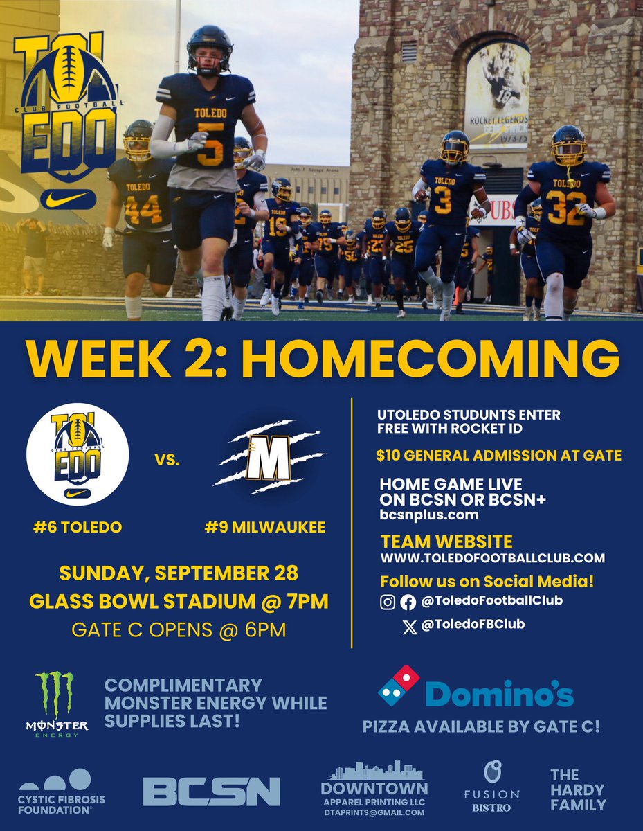 HOMECOMING 2025 🚀

Join us at Glass Bowl Stadium THIS SUNDAY @ 7PM as we kickoff our season against Milwaukee and defend the home turf on Homecoming weekend! 🤠

Fill the stands and bring the energy!

Game will be streamed at bcsnplus.com and on BCSN TV tape delay