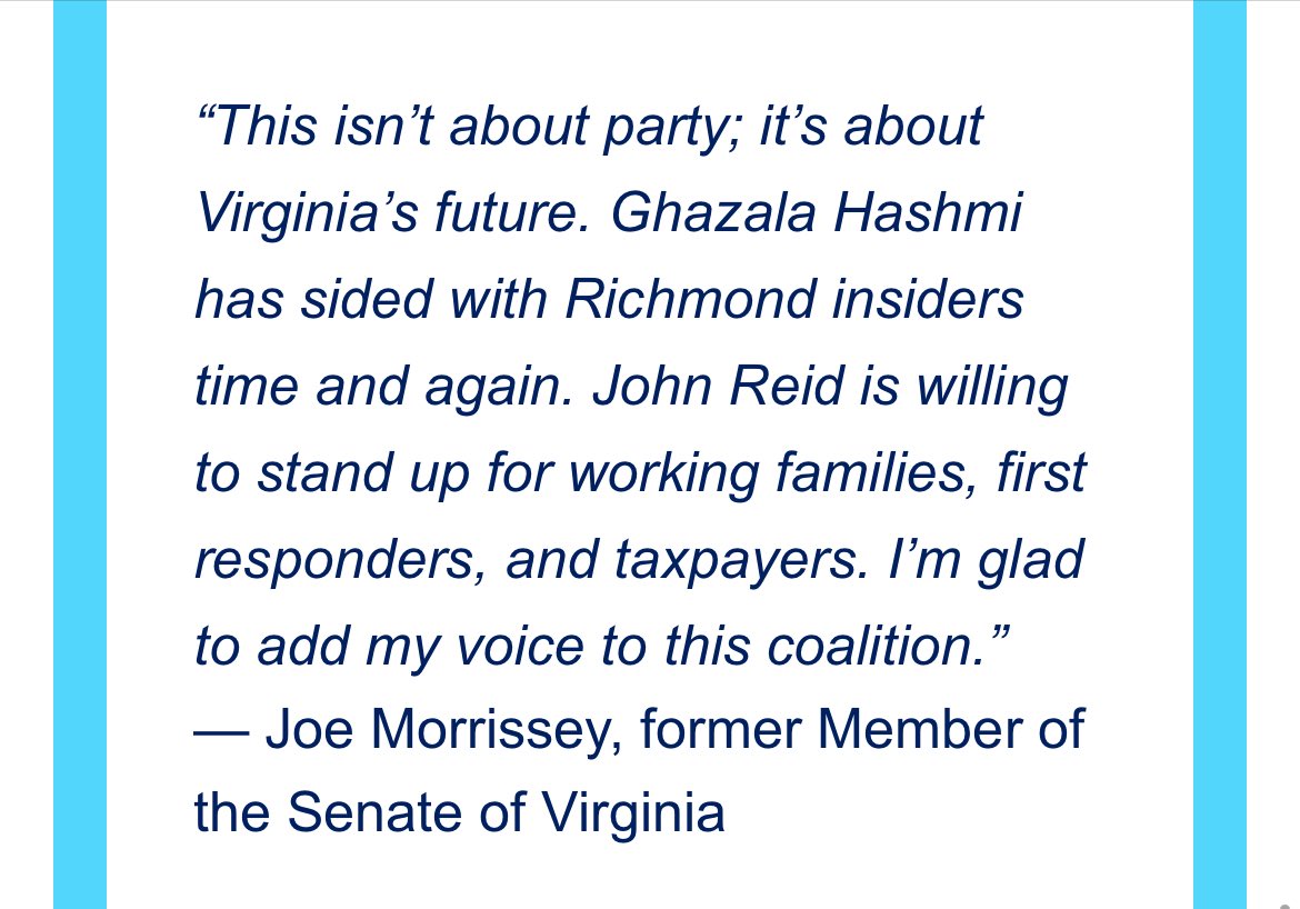 New: Former Democratic Senator Joe Morrissey is supporting Republican John Reid over his former Democratic Senate colleague, Ghazala Hashmi, in the race for Lieutenant Governor.