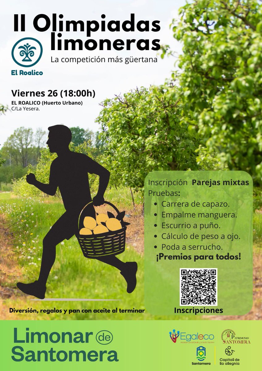 PSantomera's tweet image. Este viernes 26 no puedes faltar a la cita con las tradiciones.
En El Roalico (Huerto Urbano) a partir de las 18:00 #Enristradodepimientos y #IIOlimpiadasLimoneras
Te esperamos. 
Para inscribirte en las olimpiadas del limón pincha el siguiente formulario:
forms.gle/PJQXKXRf97Yotf…