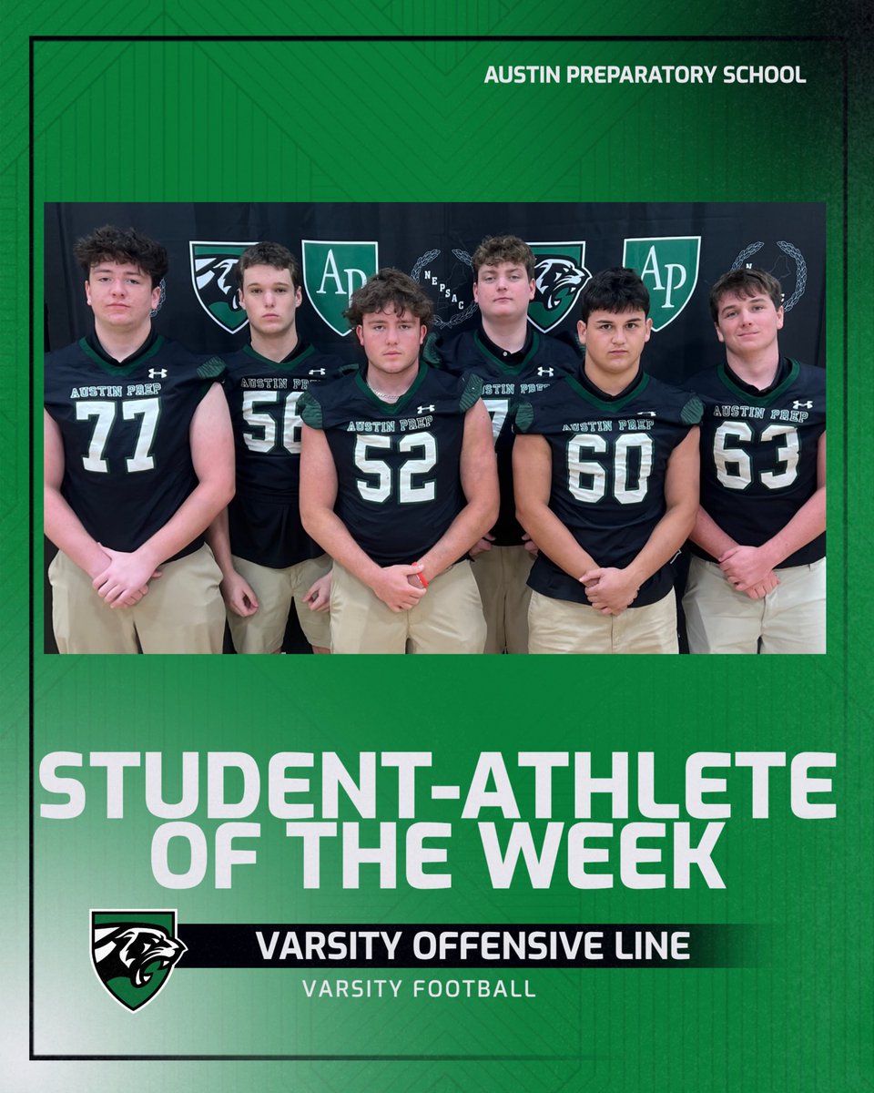Sal Prezioso, Will Putney, Dalton Murphy Peter Trowbridge, John Doherty &amp; Connor Roache have been named Austin Prep’s Student-Athletes of the Week! They allowed no sacks &amp; paved the way for 3 TDs &amp; over 300 yards of total offense in Saturday’s big win! <a href="/AustinPrep_FB/">AustinPrepFootball</a> #Unitas